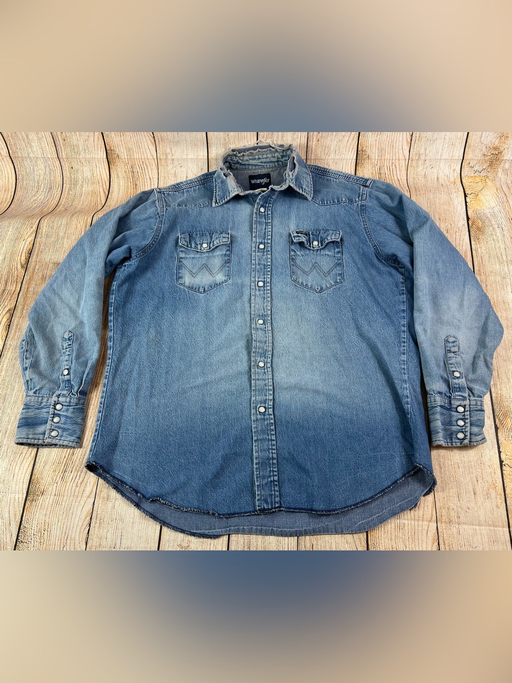 Men Wrangler Western Distressed Denim Pearl Snap Button Shirt Long Sleeve XL